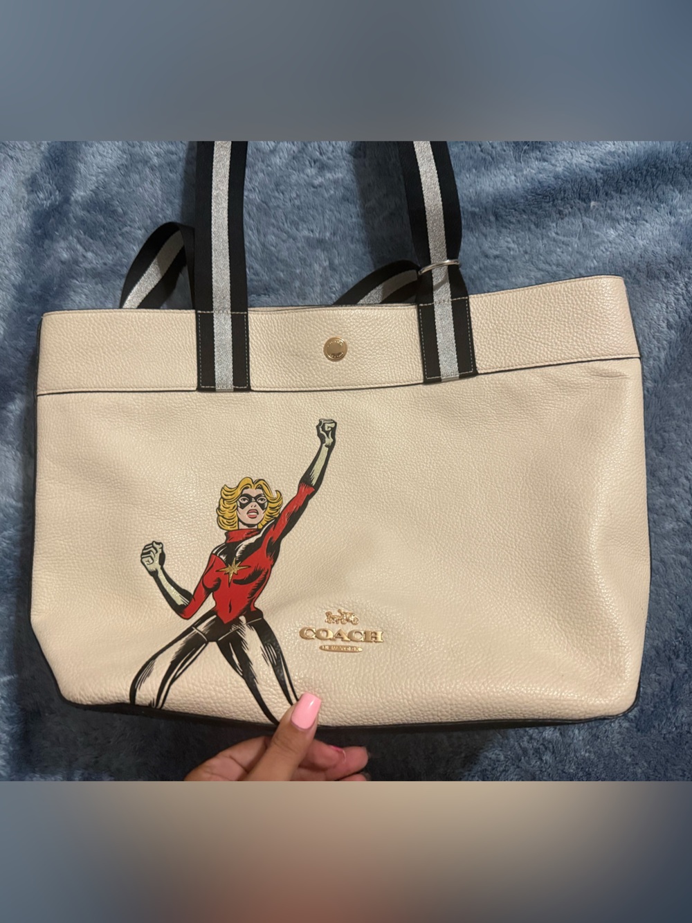 Marvel Coach Cream Leather Tote with Graphic Superhero Print and Striped Straps